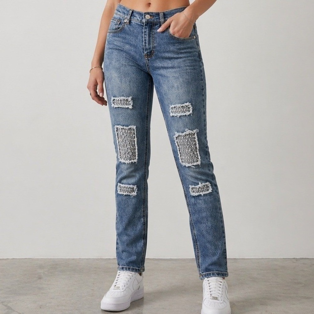 Venus Womens Medium‎ Wash Distressed Embellished Mesh Patch Slim Jeans Size 10